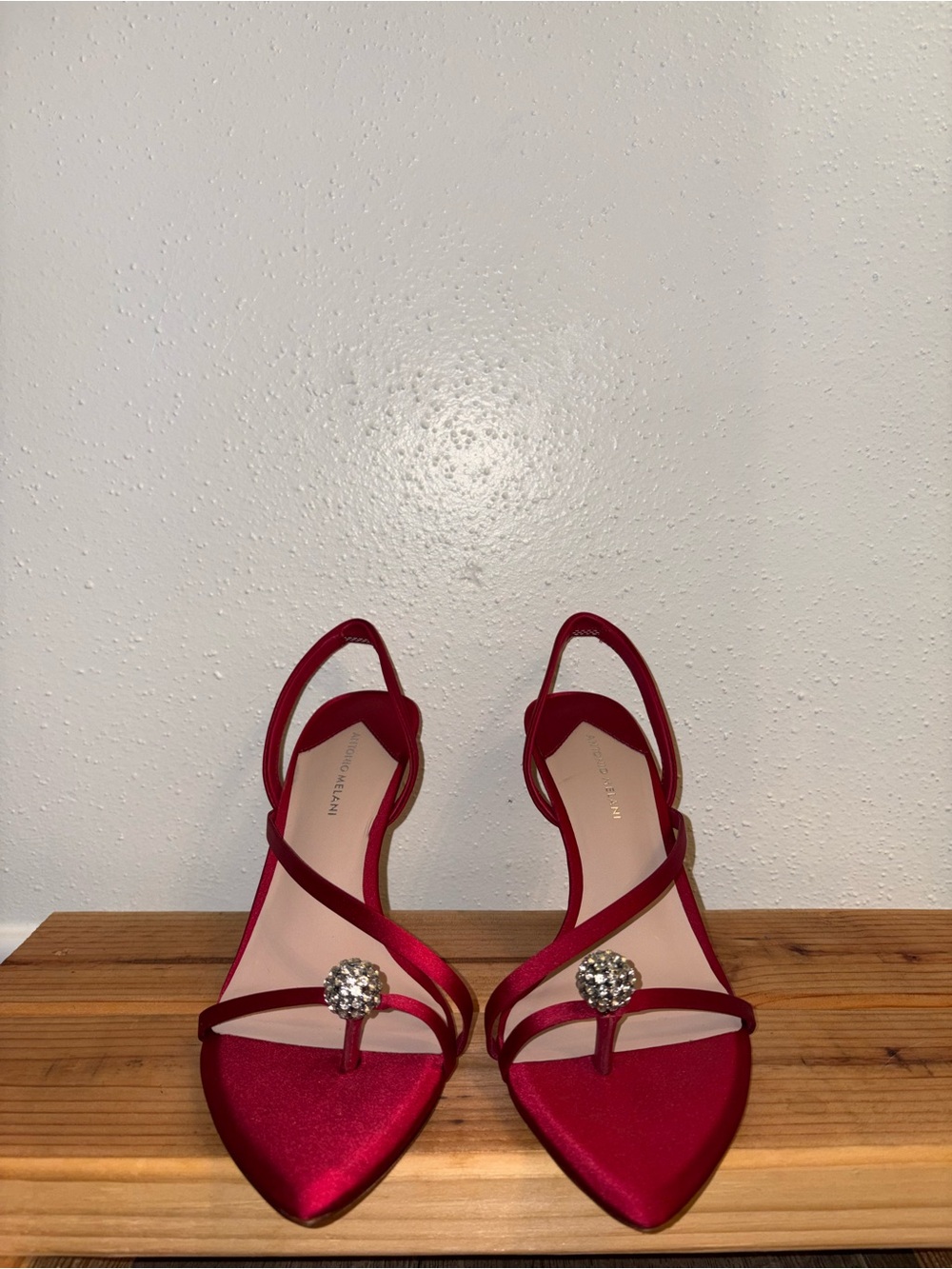 ANTONIO MELANI Red Satin Pointed Toe Slingback Heels with Crystal Accent